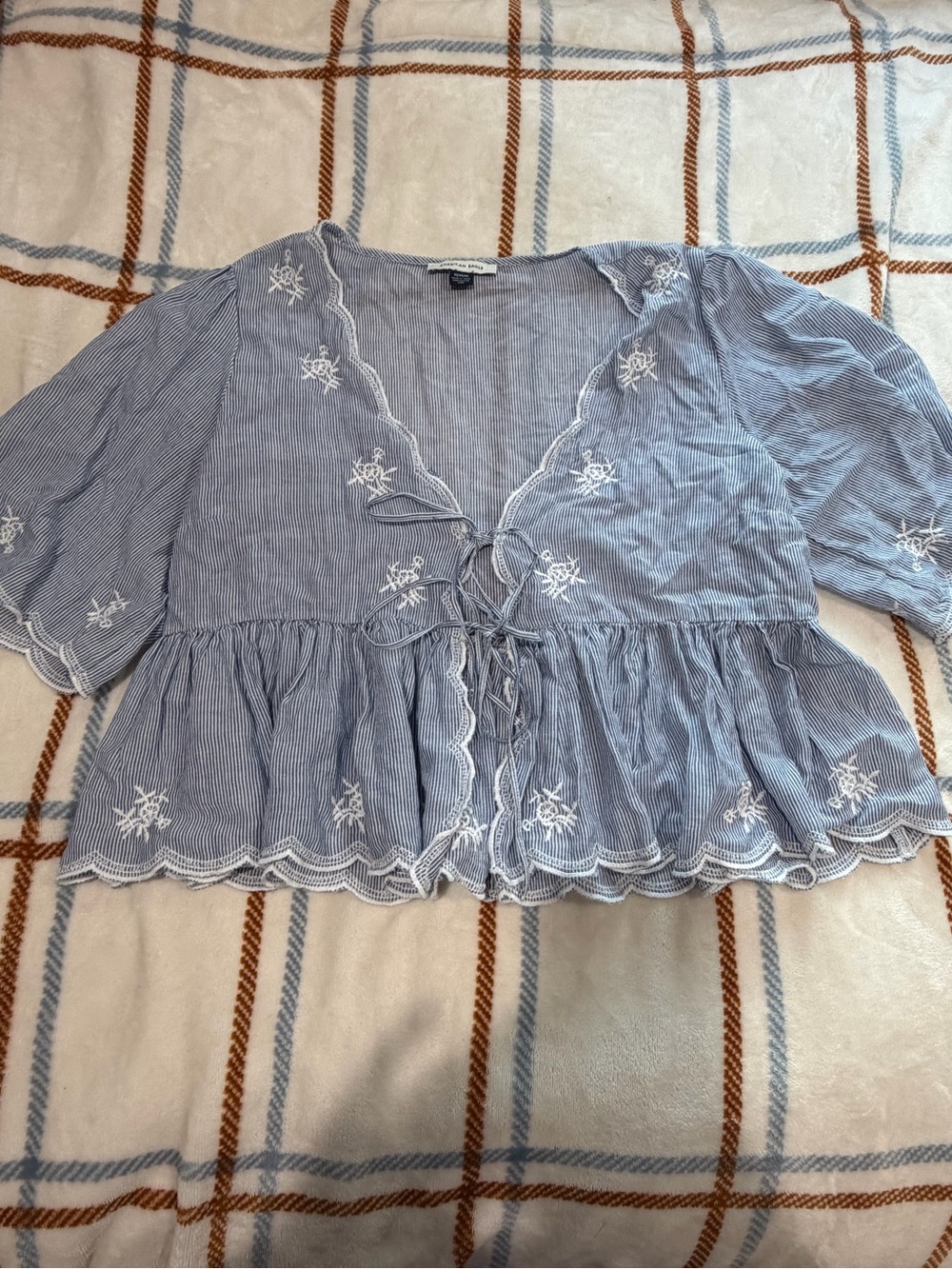 American Eagle Outfitters Light Blue & White Embroidered Tie-Front Peplum Top